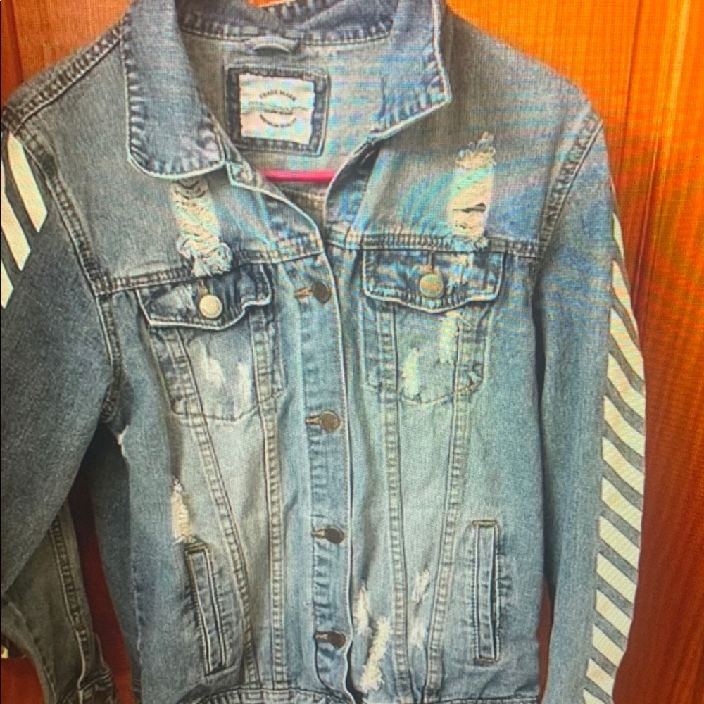 Distressed Denim Jacket with Striped Sleeves
